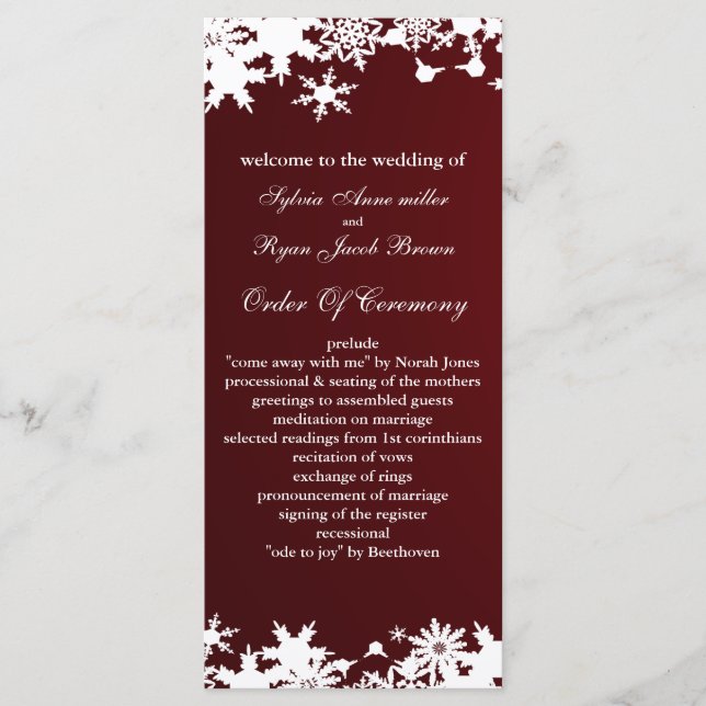 red snowflakes winter wedding program programme (Front)