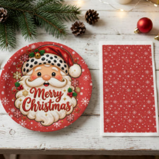 Red Snowflakes With Santa Paper Plate