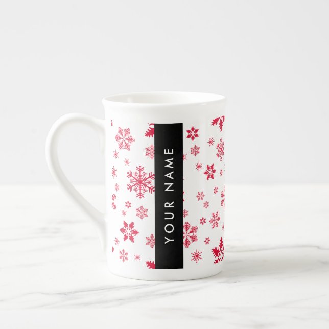 Red Snowflakes, Your name, Personalise Bone China Mug (Left)