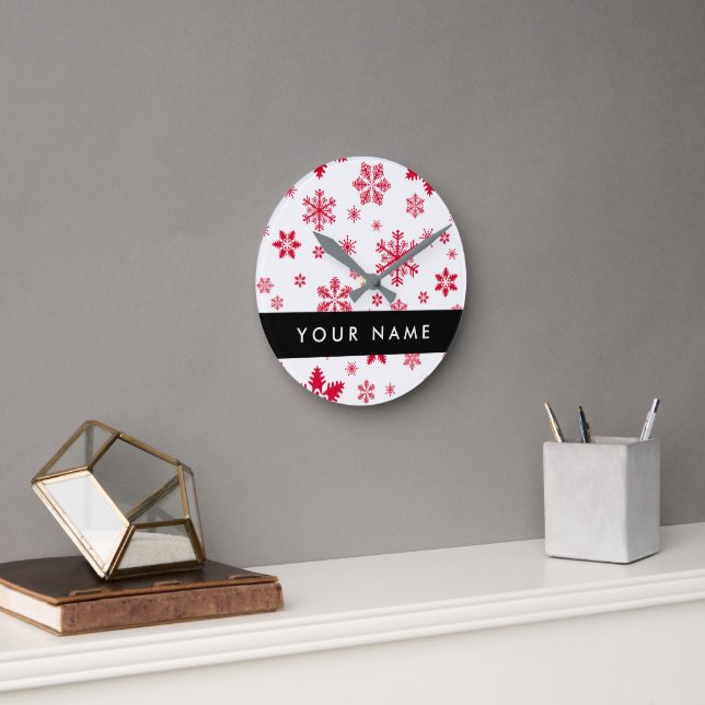 Red Snowflakes, Your name, Personalise Round Clock (Office)