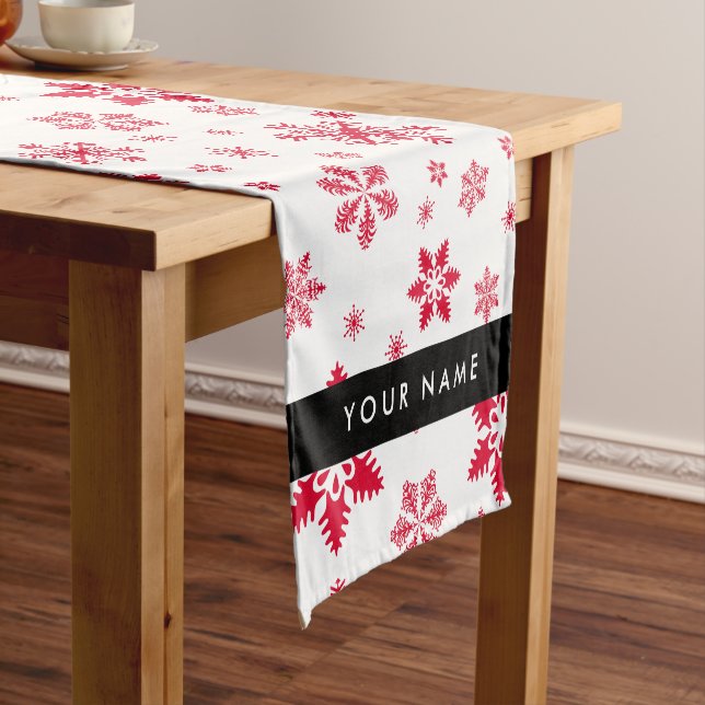 Red Snowflakes, Your name, Personalise Short Table Runner (In Situ)