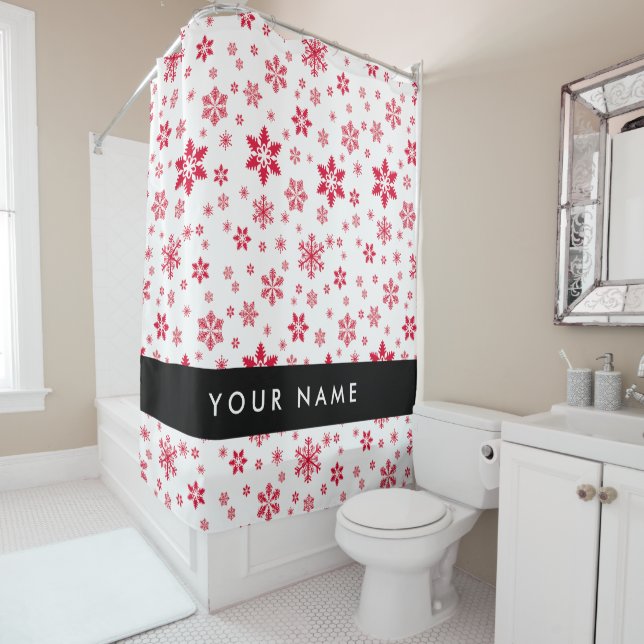 Red Snowflakes, Your name, Personalise Shower Curtain (In Situ)