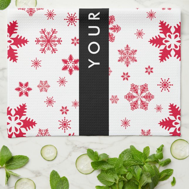 Red Snowflakes, Your name, Personalise Tea Towel (Folded)