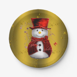 Red Snowman on Gold Christmas Paper Plate