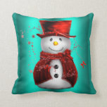 Red Snowman on Teal Christmas Cushion<br><div class="desc">A colourful Christmas pillow featuring a cute snowman dressed in red velvet hat and vest on a metallic teal (or aqua) background. This whimsical and cute Christmas cushion will brighten any home up for the holidays.</div>