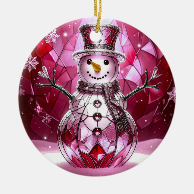 Red Snowman Snowflakes Holiday Ornament (Front)