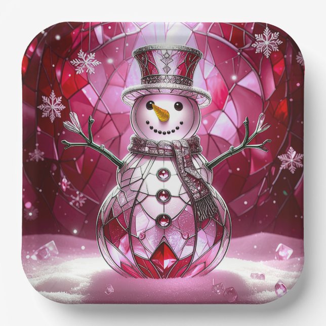 Red Snowman Snowflakes Holiday Paper Plate (Front)