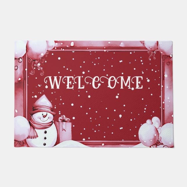 Red Snowman Snowy Christmas Holiday Doormat (Front)