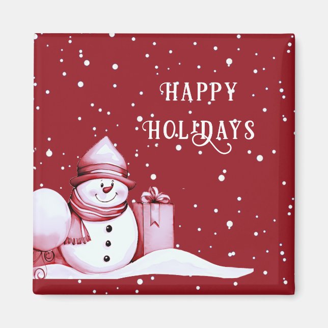 Red Snowman Snowy Christmas Holiday Magnet (Front)