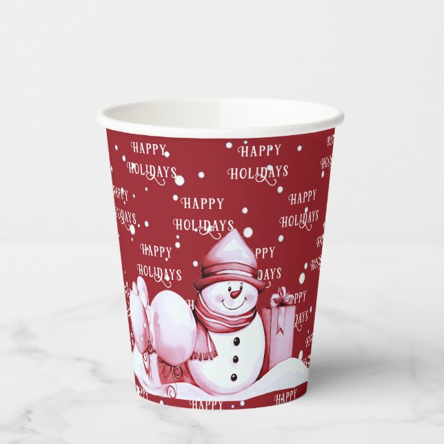 Red Snowman Snowy Christmas Holiday Paper Cups (Left)