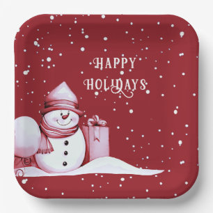Red Snowman Snowy Christmas Holiday Paper Plate