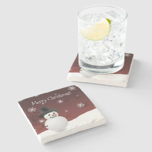 Red Snowman Winter Scene Christmas Stone Coaster