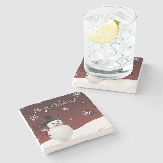 Red Snowman Winter Scene Christmas Stone Coaster (Side)