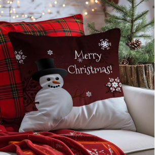 Red Snowman Winter Scene Christmas Throw Pillow