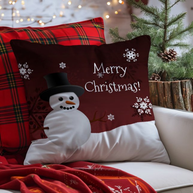 Red Snowman Winter Scene Christmas Throw Pillow (Red Snowman Winter Scene Christmas Throw Pillow)