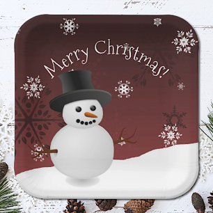 Red Snowman Winter Scenery Christmas Paper Plate