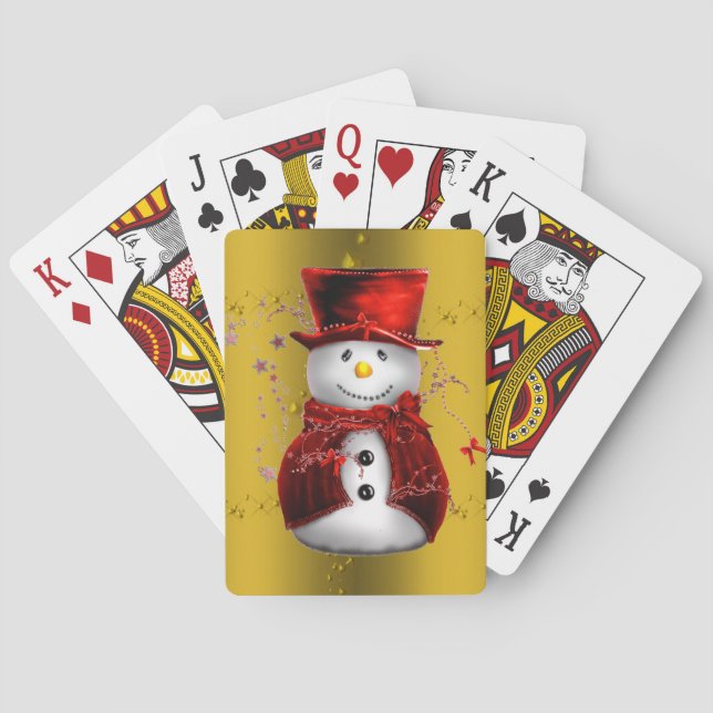 Red Snowmen on Gold Playing Cards (Back)