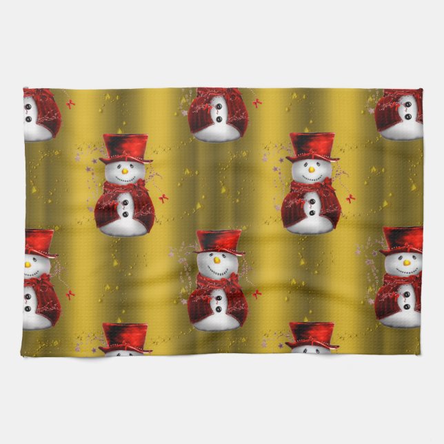 Red Snowmen on Gold Tea Towel (Horizontal)