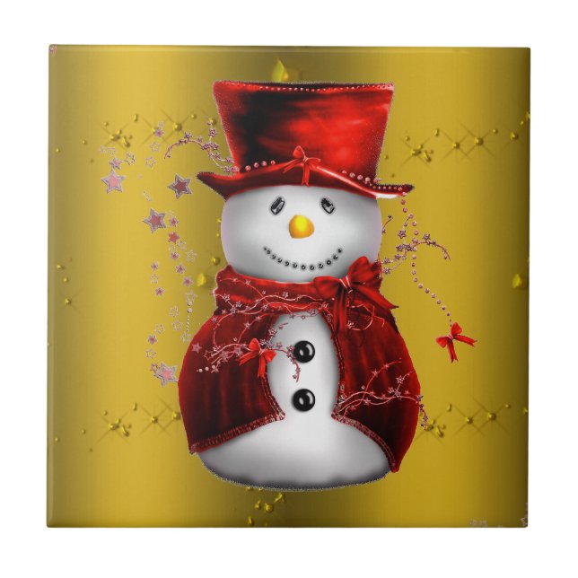 Red Snowmen on Gold Tile (Front)