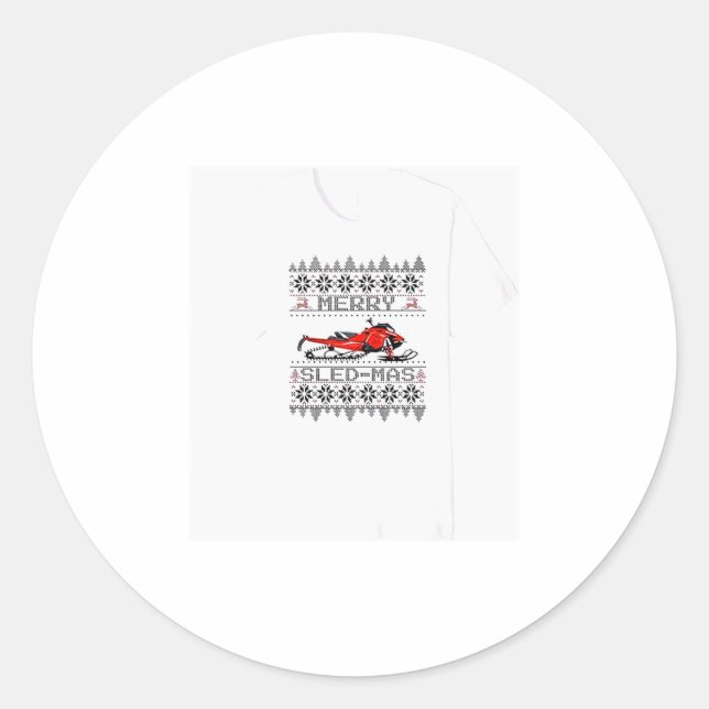 Red Snowmobile Holiday Sweater Merry Sledmas Ugly  Classic Round Sticker (Front)