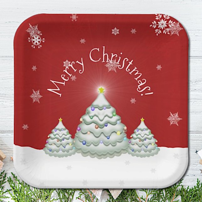 Red Snowy Christmas Tree Paper Plate (Red Snowy Christmas Tree Paper Plates)