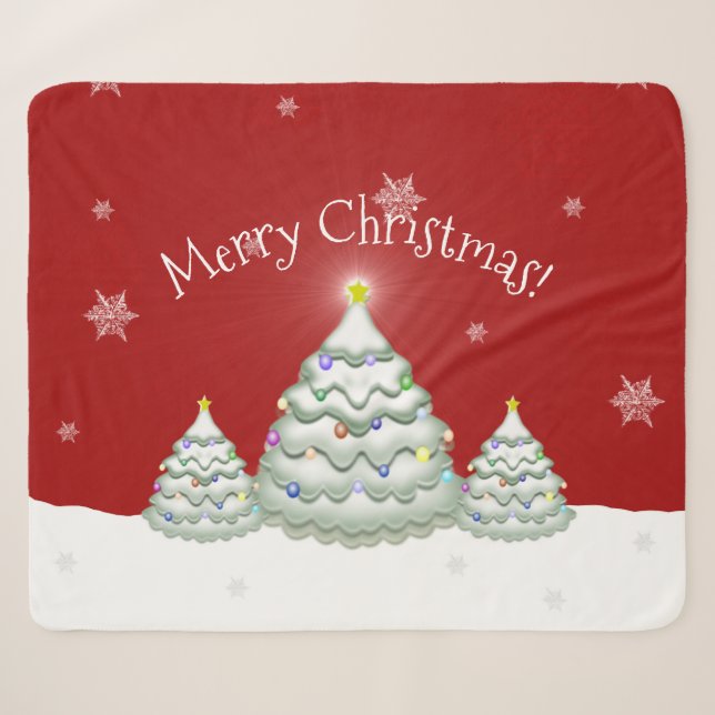 Red Snowy Christmas Tree Sherpa Blanket (Front (Horizontal))
