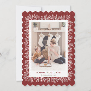 Red Snowy Spruce Cones Family Photo Holiday Card