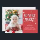 Red So Very Merry Holiday Baby Photo Announcement<br><div class="desc">Whimsical holiday birth announcement card with 2 photos of your newborn featuring a text in retro font that says "so very merry" with stars around. The background is red.</div>