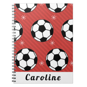 Red Soccer Ball Winter Striped Snowflake Name Cute Notebook