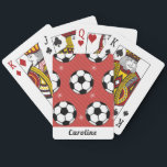 Red Soccer Ball Winter Striped Snowflake Name Cute Playing Cards<br><div class="desc">These cute playing cards featuring red festive soccer pattern & kids name would make a fantastic gift for a boy/girl,  who loves soccer! Easily add the desired name by clicking on the "personalise this template" option.</div>