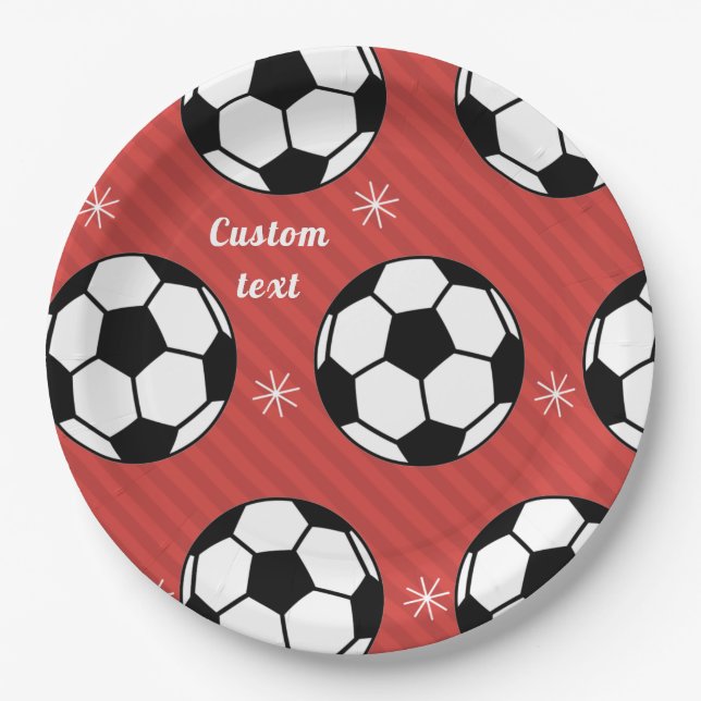 Red Soccer Christmas Striped Festive Ball & Snow  Paper Plate (Front)