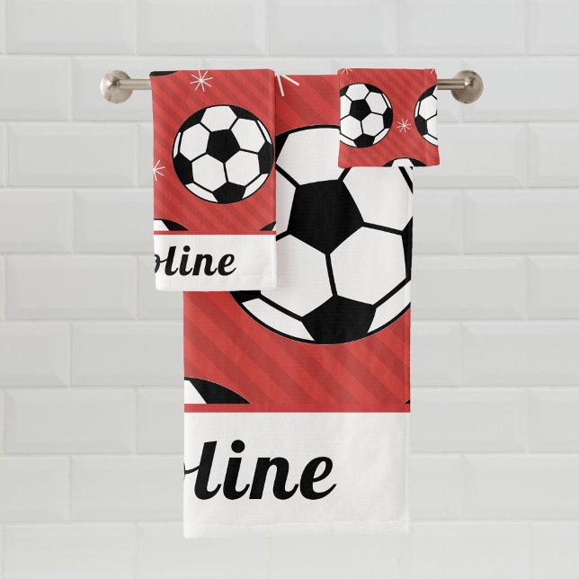 Red Soccer Christmas Style Ball & Snow Kids Name Bath Towel Set (Creator Uploaded)