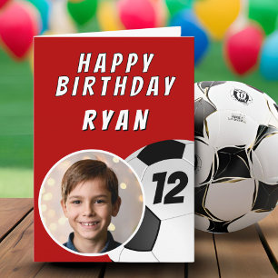 Red Soccer Football Ball Photo Birthday Card