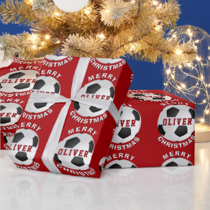 Red Soccer Football Balls Kids Name Christmas Wrapping Paper