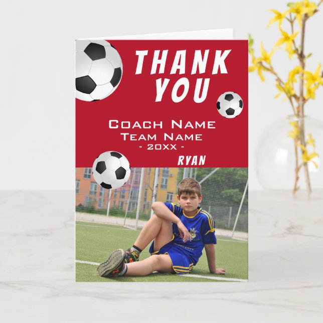 Red Soccer Football Sports Thank you Coach Card (Yellow Flower)