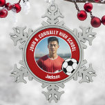 Red Soccer Player Photo High School Spirit Snowflake Pewter Christmas Ornament<br><div class="desc">This cool customized high school soccer player photo gift features white typography of your team and player name on a red Christmas ornament with a soccer ball. Personalize with your student's photograph and class year as a proud futbol parent for a commemorative keepsake.</div>