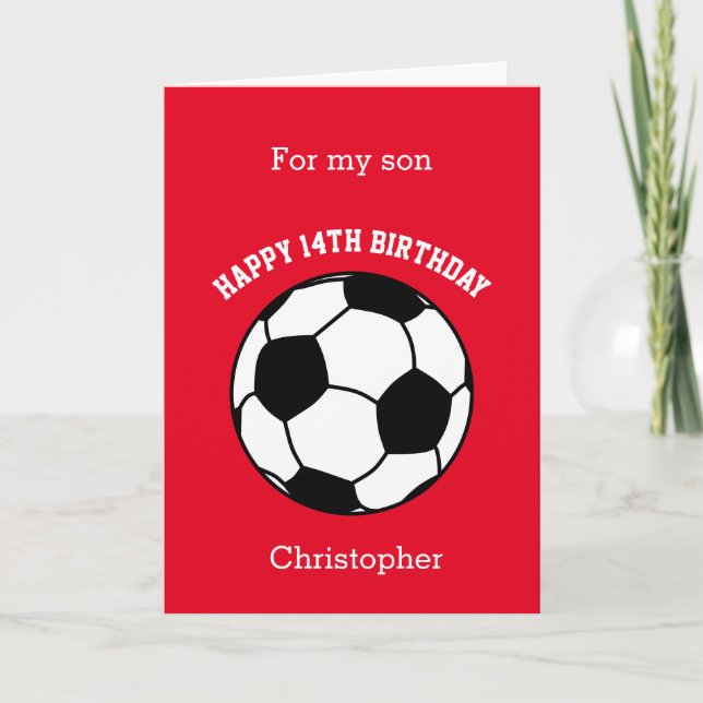 Red Soccer Sport 14th Birthday Card (Front)