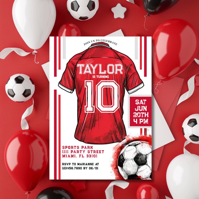 Red Soccer Sports Boy Jersey Kids Birthday Party Invitation (Red Soccer Sports Boy Jersey Kids Birthday Party Invitation)