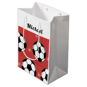 Red Soccer Striped Festive Ball & Snow Boys Name Medium Gift Bag