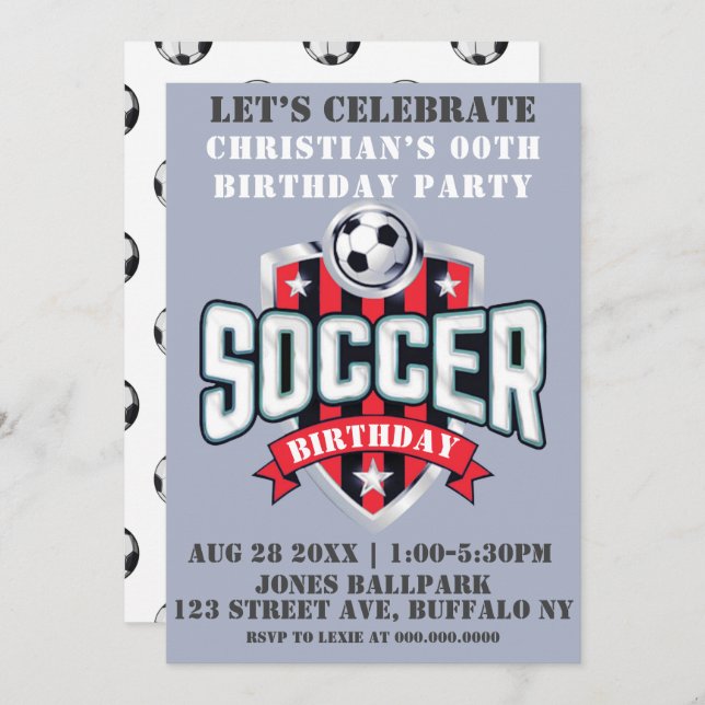 Red Soccer Theme Birthday Party Invitations  (Front/Back)