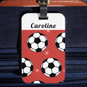 Red Soccer Winter Ball & Snow Striped Athlete Name Luggage Tag