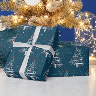 Red Socks and Baseball Tree On Blue Wrapping Paper