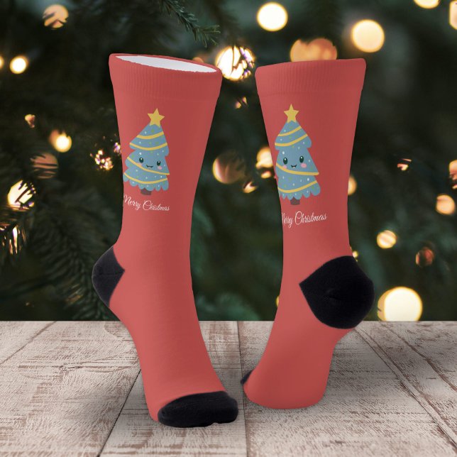 Red Socks with Kawaii Christmas Tree (Red Socks with Kawaii Christmas Tree)