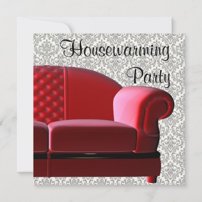 Red Sofa Damask Housewarming Party Invitation (Front)