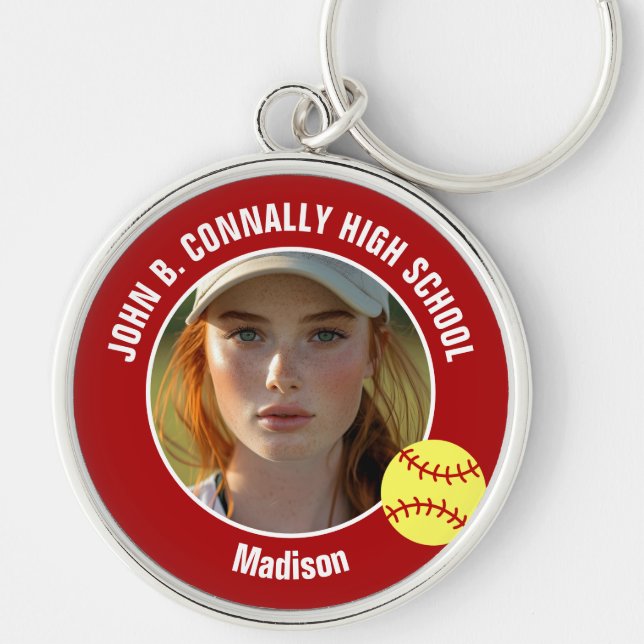 Red Softball Player Photo High School Keepsake Key Ring (Front)