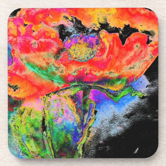 Red Solar Poppy - black background Coaster (Front)
