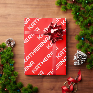 Red Solid Colour   Classic White Name Wrapping Paper