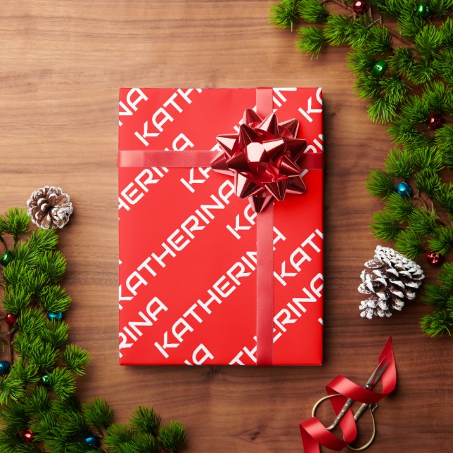 Red Solid Colour | Classic White Name Wrapping Paper (Holiday Gift)
