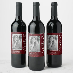 Red Space Glitter Personalised Photo Graduation Wine Label