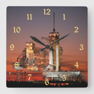 Red Space Shuttle Spaceship Atlantis on Launch Pad Square Wall Clock
